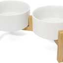 OniAnt Elevated Dog Bowls Ceramic, 30.4 oz Dog Food and Water Bowl Set with Wood Stand, Double Raised Pet Feeding Station for Puppy & Cats - Non-Slip Medium Pet Dishes Dishwasher Safe - White (3.7 CUPS)