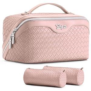 BOYATU Travel Makeup Bag Cosmetic Bags for Women: Large Capacity 3 Pcs Set Make up Bag with Compartments - Waterproof Vegan Leather Toiletry Organizer Bags with Handle (Pink)