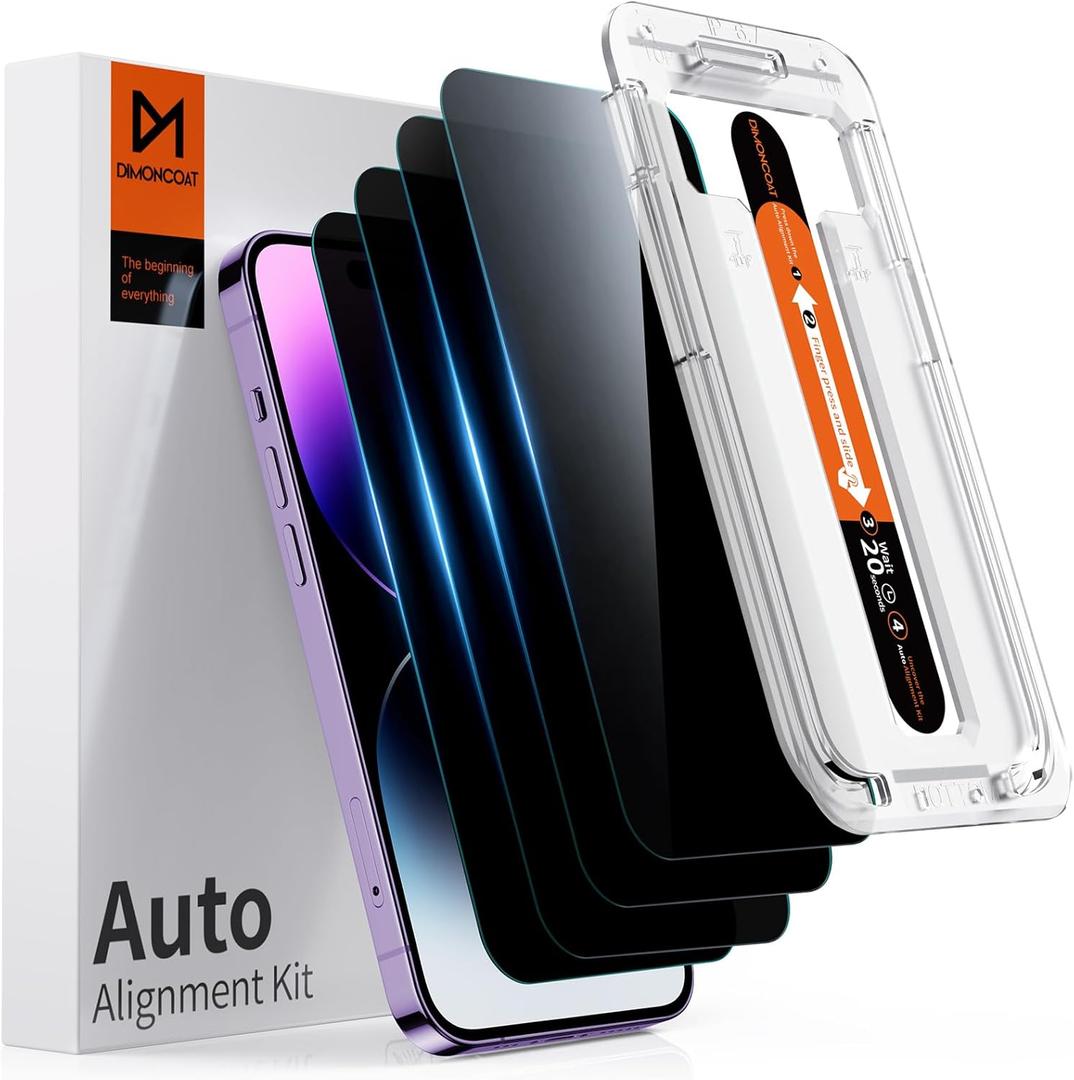 DIMONCOAT 4-PACK Privacy Screen Protector Compatible with iPhone 14 Pro Max [Auto Alignment Kit] [10X Military Protection] 14 Pro Max 6.7 inch Tempered Glass Film [Case Friendly] (iPhone 14 Pro Max-6.7 Inch)