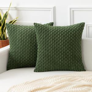 Kevin Textile Throw Pillow Covers Soft Corduroy Decorative Set of 2 Boho Striped Pillow Covers Pillowcases Farmhouse Home Decor for Couch Bed Sofa Living Room 18x18 Inch Moss Green