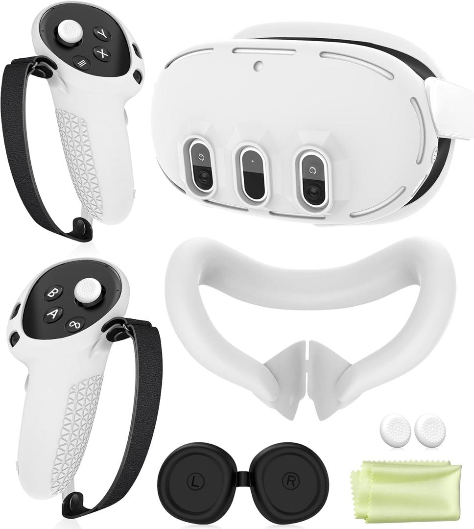 Silicone Cover Set Compatible with Meta Oculus/Quest 3, VR Accessories Protective Cover Includes Controller Grips, Front Shell Headset Cover and Face Cover, Not Fit Quest 3S (White)