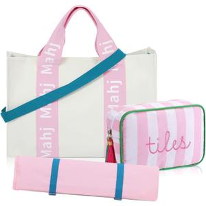Sanwuta 3 Pcs Large Capacity American Mahjong Set Organizer and Carrier Bag with Removable Rack Holder, Portable Storage Case for Tiles, Racks, Pushers, Dice, Winds, Chips (Pink)