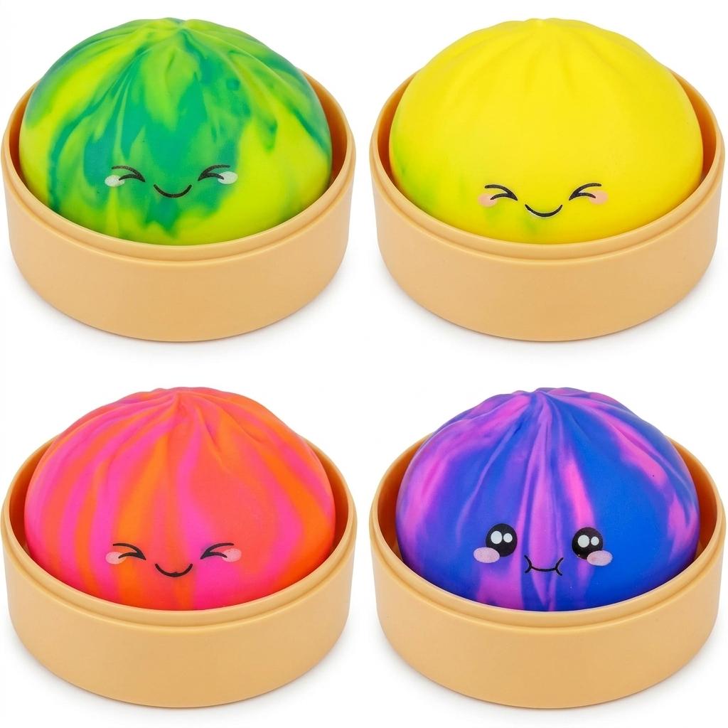 4Pack Jumbo Dumpling Fidget Squishy Toy, Tie-Dye Slow Rising Dumpling Sensory Squeeze Toys Dough Stress Balls Party Favors for Adults Kids, Anxiety Relief Desk Toy with Steamers