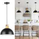 Farmhouse Pendant Light Fixtures, 11.8" Black Pendant Lights Kitchen Island, Dome Wood Hanging Lighting for Dining Room Bedroom (11.8" - 1 pack, Black and Wood)