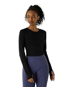 Women's Long-Sleeve Crop Top - Open Back Tie, Thumbholes Moisture-Wicking Quick-Dry for Yoga, Fitness & Workout Black,  XS