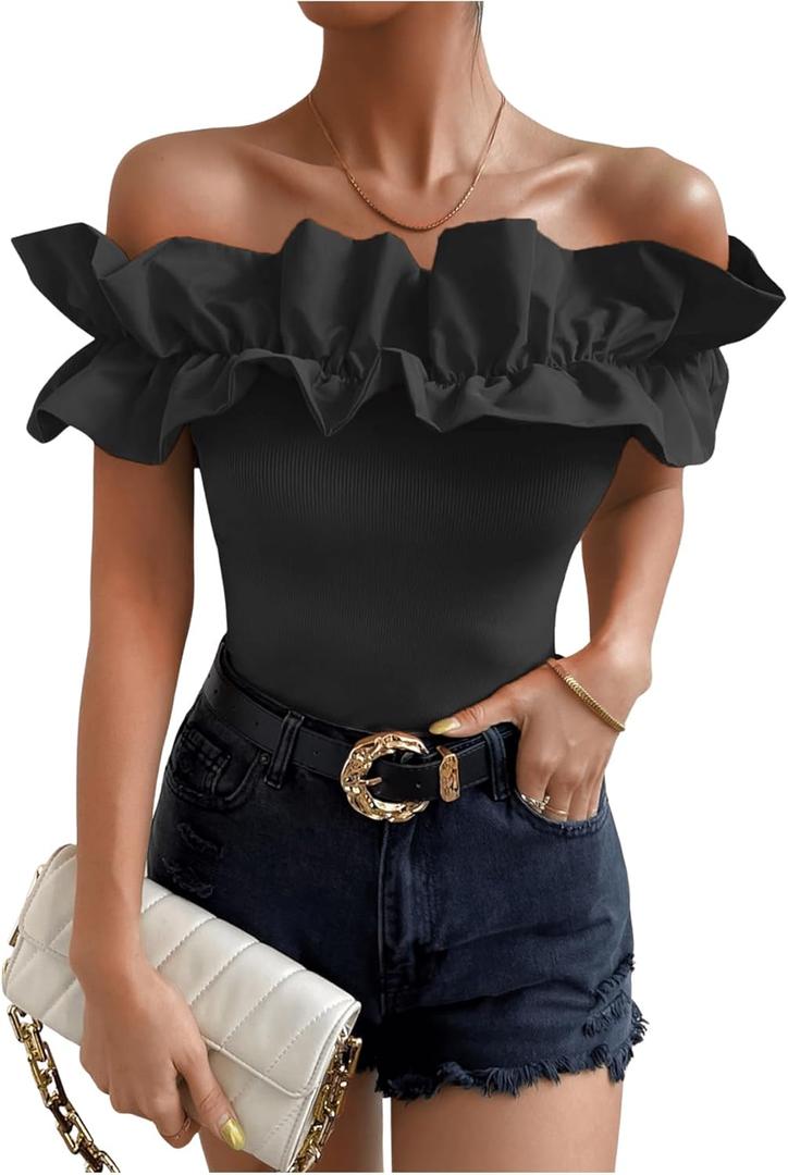 OYOANGLE Women's Ruffle Trim Off Shoulder Short Sleeve Blouse Party Tops Shirt (Medium)