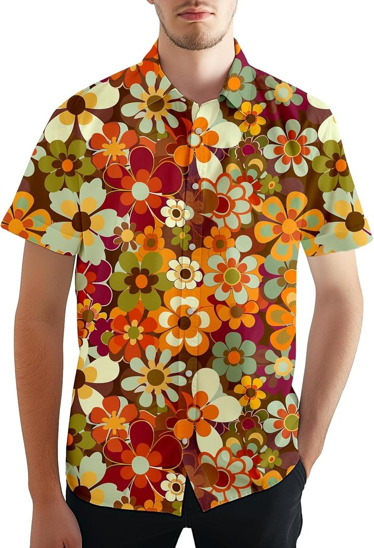Funny Shirts for Men,Novelty Men's Hawaiian Shirts Short Sleeve Button Up Shirt Men Beach Outfit (XX-Large, Retro 70s Hippie Floral)
