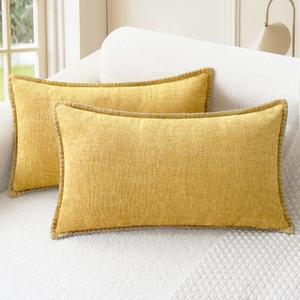 CaliTime Throw Pillow Covers Decorative 12 X 20 Inches Pack of 2 Cotton Thread Stitching Edges Solid Dyed Soft Chenille Cushion Cases for Couch Sofa Bed Living Room Farmhouse Gold