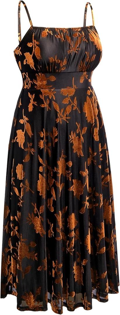 Plus Size Cocktail Dresses - Velvet Party Summer Formal Wedding Guest Sleeveless Spaghetti Strap Floral Midi Dress, 20 Plus