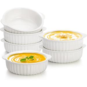 14 oz Porcelain Ramekins Oven Safe, 6 Pack Large Ceramic Creme Brulee Souffle Baking Dishes with Handle, 5 Inch French Onion Soup Bowls for Ramen, Stew, Lava Cakes, Pot Pie, White