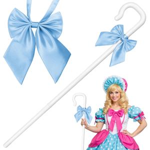 Farochy Shepherd Staff Bo Peep Staff, White Hook Canes with Blue Bowtie, Plastic Shepherd Crook Staff Bo Peep Costume Halloween Cosplay