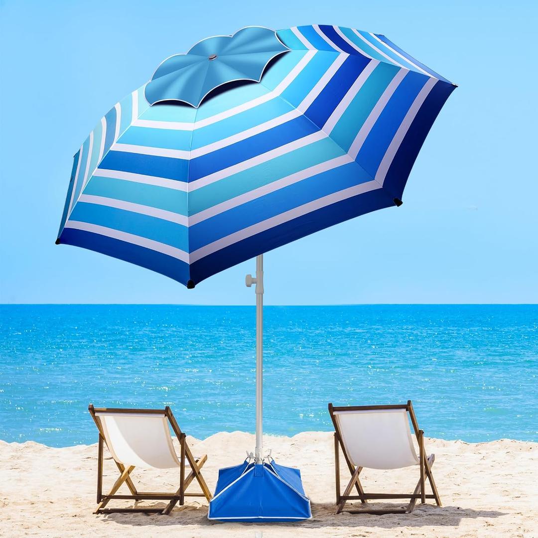 Fisqueen 8FT Large Beach Umbrella with Level 7 Wind Resistance Sand Anchor Sand Bag, Portable Outdoor Umbrella with UPF50+ UV Protection, Tilt Sun Shelter for Beach, Patio, Yard