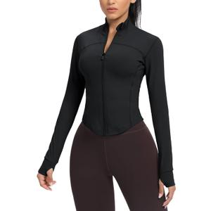 AVGO Women's Cropped Running Workout Jackets Zip Slim Fit Athletic Tops with Thumb Holes(Black, S)
