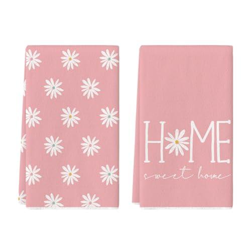 Artoid Mode Pink Home Sweet Home Flowers Summer Kitchen Towels Dish Towels, 18x26 Inch Wedding Decoration Hand Towels Set of 2