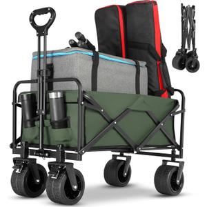 Collapsible Foldable Beach Wagon,Folding Wagon Cart with Big Wheels,Utility Grocery All Terrain Wagons carts Foldable with Brakes for Sand Camping Sports Outdoor(Light Green).