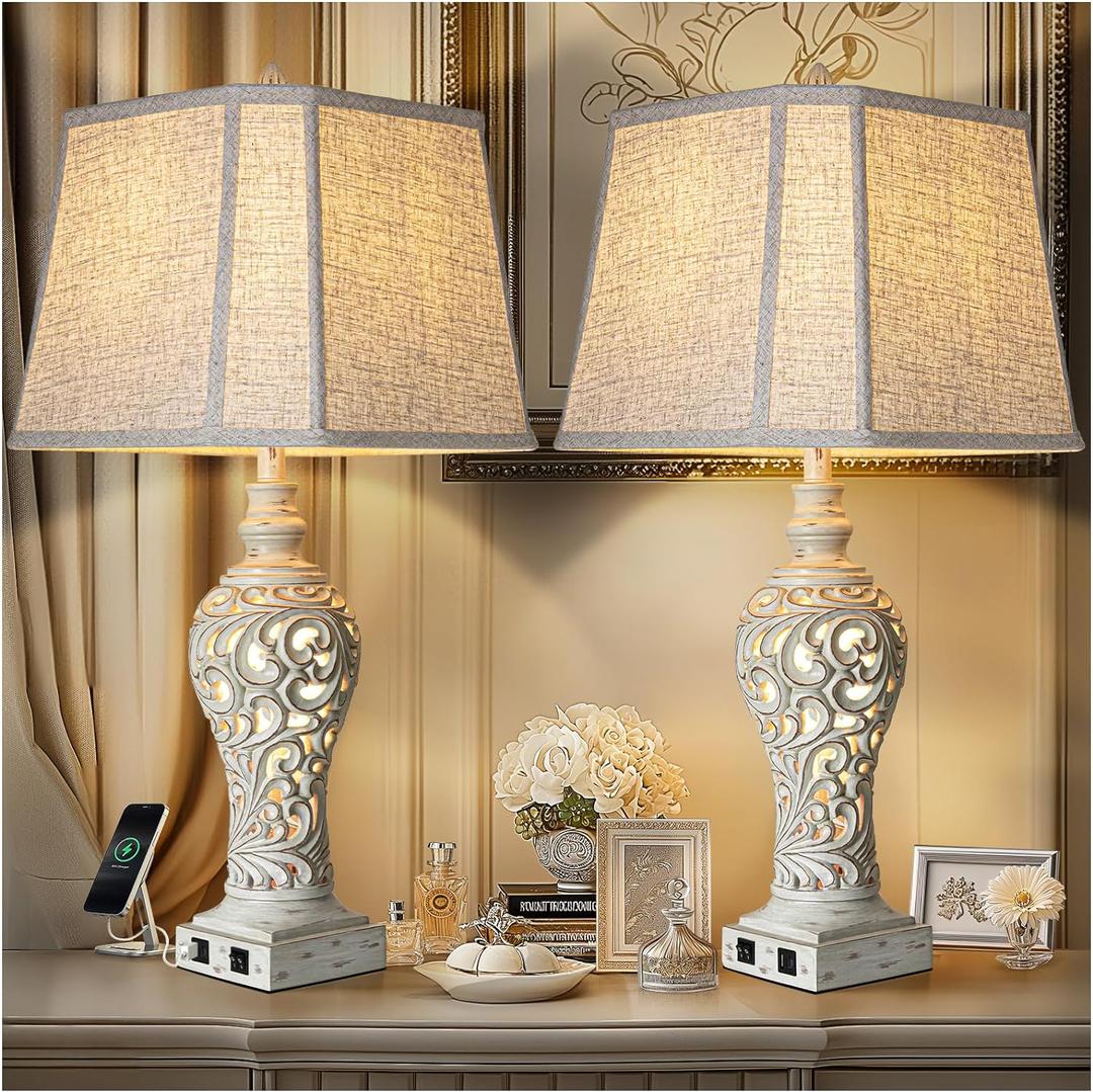 32" Tall Table Lamps Set of 2 - Bedside Lamp with Fabric Shades - for Bedroom and Living Room with USB and Nightlight - Perfect for Nightstands and Bedrooms - Bulbs Included