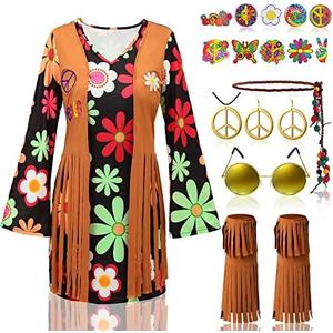 60s 70s Outfits for Women Hippie Costume Set Disco Dress Peace Sign Earring Necklace Headband Sunglass, 2XL