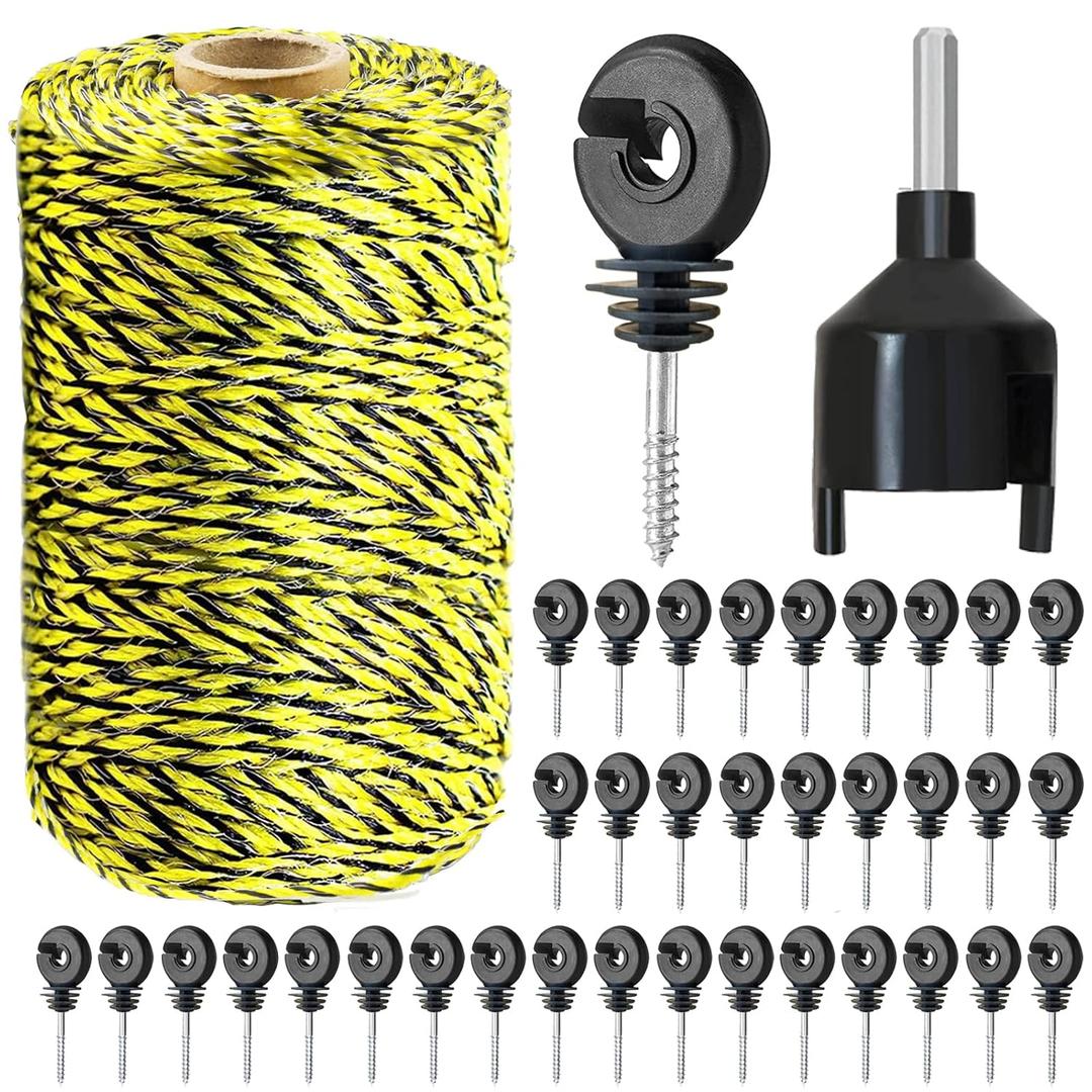 656 Feet Electric Fence Polywire & 50 Pcs Electric Fence Insulator, Portable Electric Fencing Poly Wire Rope Line 6 Steel Strands for Reliable Conductivity & Rust Resistance