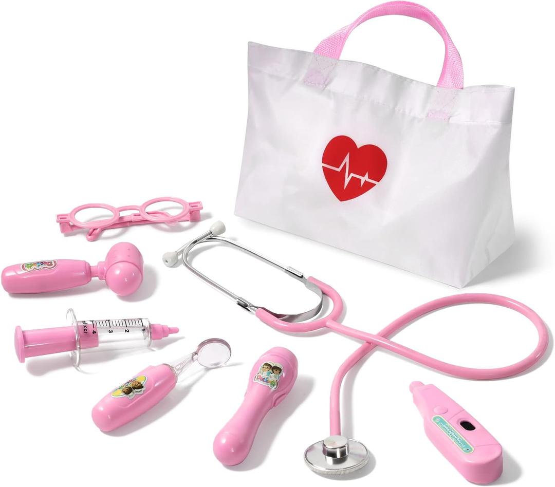 Phobby Kids Doctor Kit, 8 Pieces Toddlers Doctor Playset with Medical Storage Bag & Real Stethoscope, Pretend Play Doctor Toys Birthday Gift for Boys Girls Aged 3 4 5 6 (Pink)