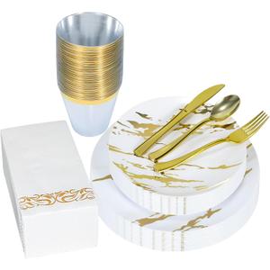 175pcs Gold Plastic Dinnerware Set Elegant Disposable Plates, Cups, Utensils & Napkins for Wedding, Party, Birthday, Graduation
