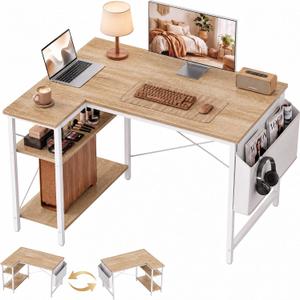 Grandder L Shaped Computer Desk with Reversible Shelves, 40 Inch Small Corner Desk with Storage Bag, Gaming Desk Computer Table Study Writing Table for Home Office Bedroom Small Space, Oak