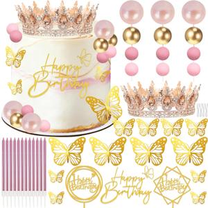 Corona Para Pastel, Crown Cake Topper, 3 Happy Birthday Cake Toppers, Balls Candles Butterflies Cake Decorations, Birthday Crown for Women Queen Princess Party Wedding (Rose Gold, Peach)