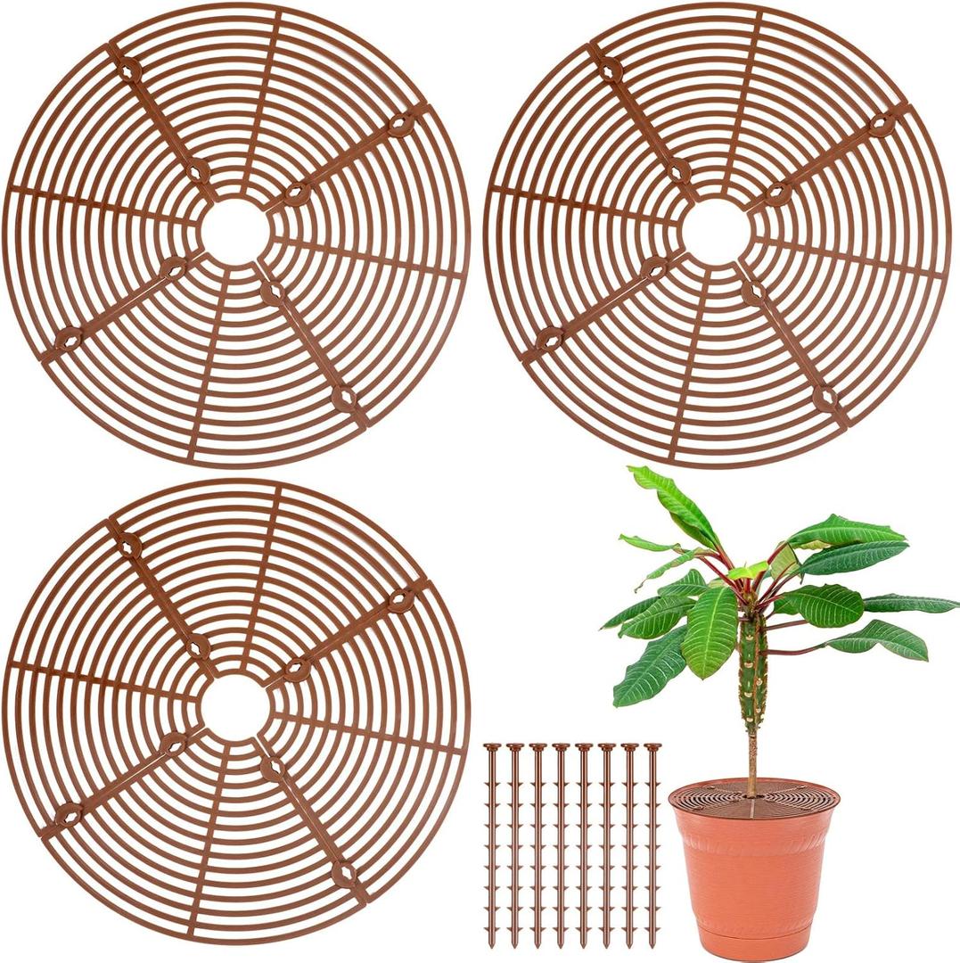 Sawysine 3 Pcs Plant Pot Cover Plant Protector from Animal Flower Pot Grid with Center Cutout Flower Cover Soil Protectors(Coffee,11.8 in)