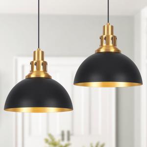 Black Farmhouse Dome Pendant Lights, Vintage Industrial Pendant Light Fixtures, Height Adjustable Pendant Lighting for Kitchen Island, Dining Room Foyer Entryway Bedroom 2-Pack