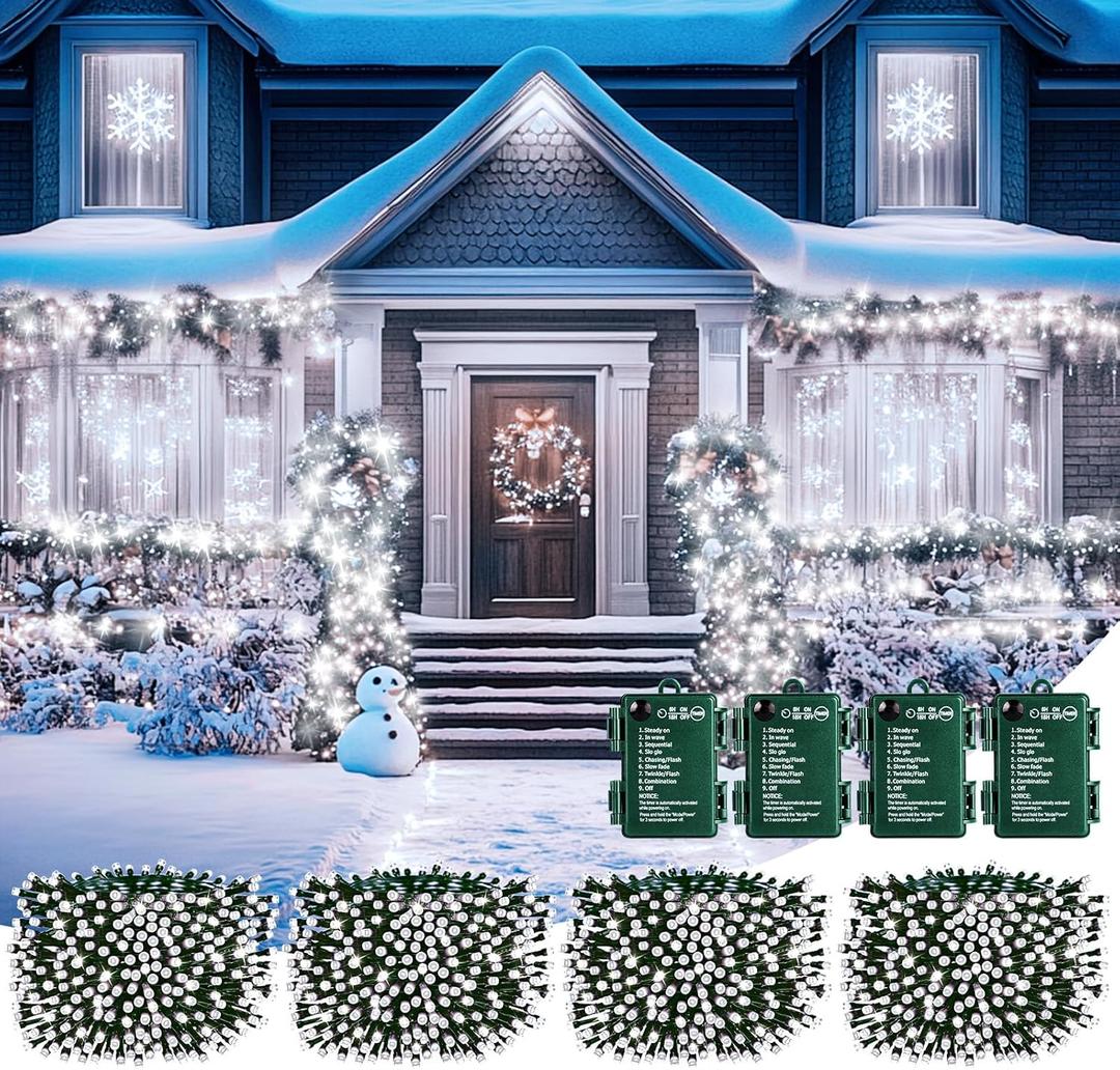 Brightown Christmas Lights Battery Operated, 4 Pack Total 66FT 200 LED Battery Powered String Lights with Timer, 8 Modes, Christmas Light for Outdoor Indoor Bedroom, Pure White