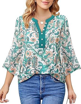 VALOLIA Womens Tops Dressy Casual: Work Tops for Women - 3/4 Sleeve Tunic Tops for Women - Flowy Blouses for Womens Green Floral Medium