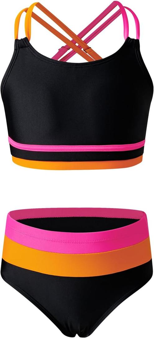 blibean Tween Girls Swimsuits 2 Piece Color Block Bikini Sets with Chest Pad Size 10-11 Years