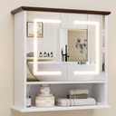 Bathroom Medicine Cabinet with Mirror, Lighted Storage Cabinet Wall Mounted with Doors & Adjustable Wood Shelf, Modern Bathroom Mirror with LED Lights Defogger for Makeup Laundry/Living Room, White
