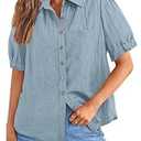 PRETTYGARDEN Womens Summer Short Sleeve Button Down Shirts V Neck Collared Casual Blouse Tops with Pockets S