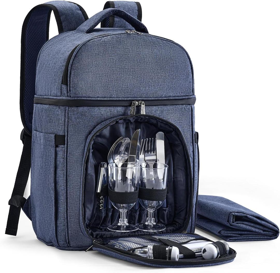 Vogano Picnic Backpack & Accessories Insulated Picnic Set for 2 Person with Dual Compartments, Lightweight Blanket, Cutlery Set, for Newlyweds and Couples Gifts Blue