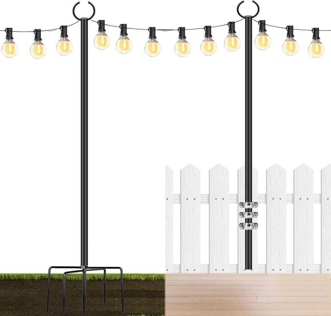 String Lights Poles Outdoor 10.3FT, 2 Pack 2 in 1 Upgraded Metal Light Poles for Hanging String Lights, Outside Lighting Stand with Hooks for Wedding, Parties, Deck, Garden, Fence Decor