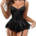 Mixxmix Women Sexy Lingerie Set Naughty Lace Up Corset Bodysuit Underwire Lingerie Babydoll With Garter Belt and Bow Tie S