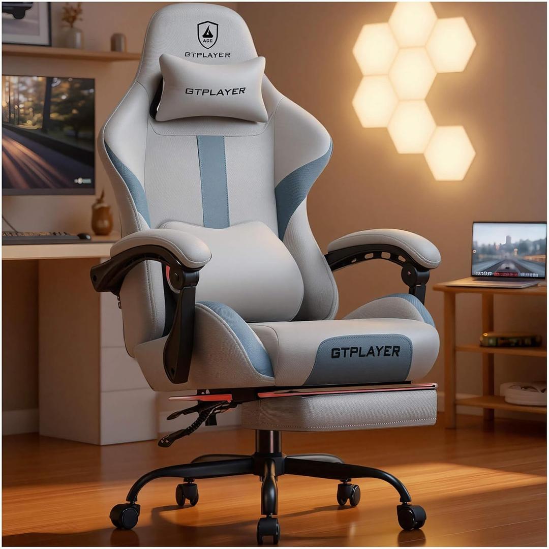 GTPLAYER Gaming Chair with Foot Rest & Pocket Spring Cushion, Ergonomic High Back Computer Desk Chair with Headrest & Lumbar Support for Back Pain Relief, Breathable Fabric, Mist-Blue