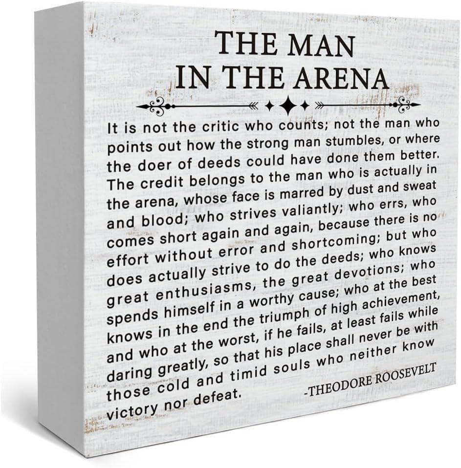 Inspirational Quote the Man in the Arena Wood Box Sign, Motivational Office Gifts for Men Coworker Employee Friend, Motivational Office Wall Art Rustic Wooden Sign for Desk Shelf Table Decor