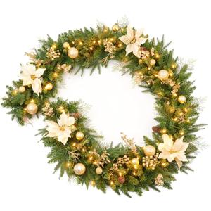 9Ft Christmas Garland Prelit with Gold Berries and Balls, Flower and 50 Lights Plug in, Holiday Decoration Fireplace Stairs Mantle Door Indoor Outdoor