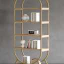 Bookshelf Arched Bookcase, Industrial 5 Tier Open Book Shelves with Metal Frame, 72" Tall Freestanding Display Rack for Home Office, Living Room,Nature Wood and Gold