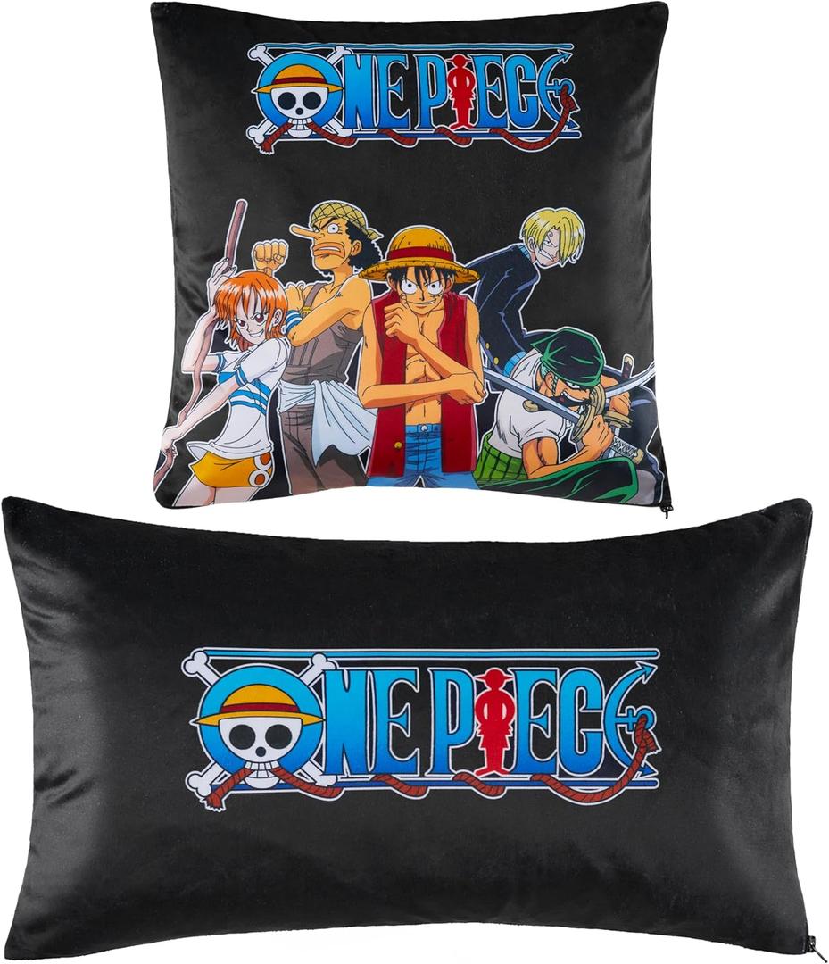 One Piece 2-Pc Cushion Cover Set, Pillow Covers for Bed, Couch, Rectangular 20x12in, Square 14x14in, Luffy Straw Hat Anime Gifts for Boys