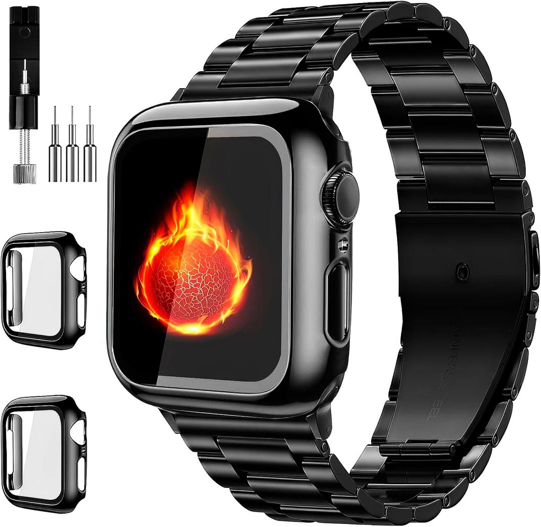 Compatible with Apple Watch Band 49mm 46mm 44mm 45mm 42mm 40mm 38mm 41mm, Stainless Steel iWatch Bands with 2 Pack Tempered Glass Screen Case for Series 10/9 Ultra 2 8/7/6/5/4/3/2/1/SE for Men (42mm(Series 10), Jet Black)
