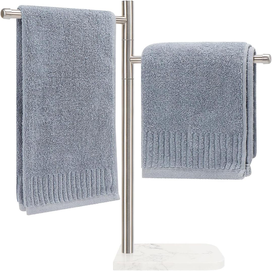 Standing Hand Towel Holder, Hand Towel Stand with Marble Base, 304 Stainless Steel Towel Rack with 2 Swivel Arm, Countertop Stand Towel Ring Towel Bar for Bathroom (Brushed Nickel,Square