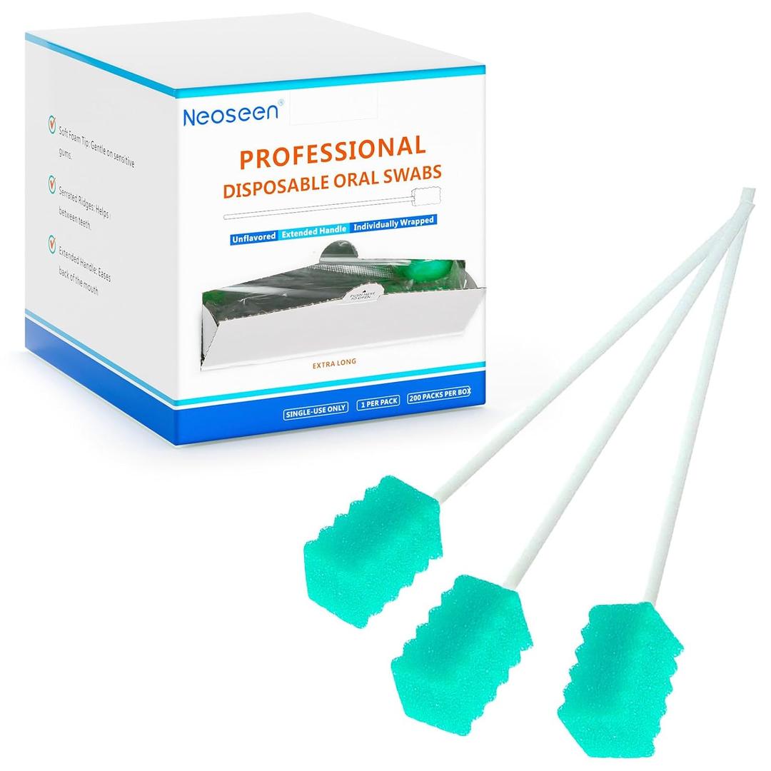 Oral Swabs 200 Count, Long Handle Mouth Swabs Individually Wrapped, Soft Sponge Oral Care Swabs for Elderly, Bedridden, Hospice, Post Surgery Care, Latex Free, Aqua
