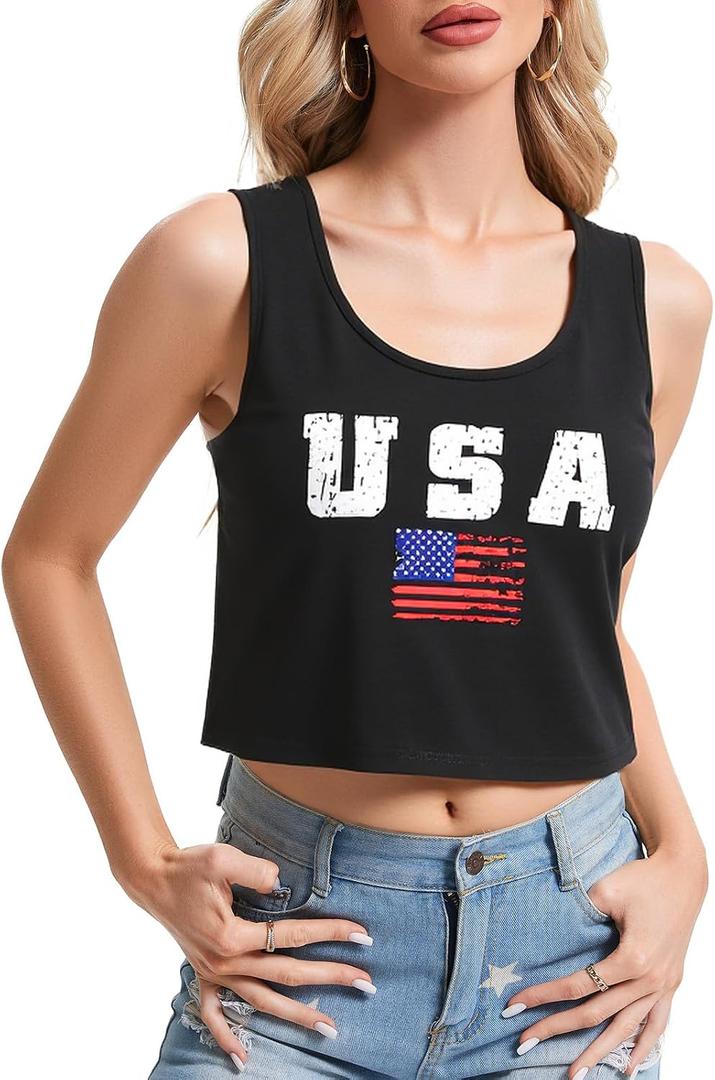 LEACOOLKEY Women's American Flag Crop Tank 4th of July Patriotic Sleeveless Tee Tops (XS)
