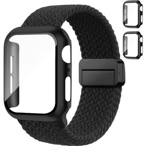 Braided Bands and Case for Apple Watch Bands for Women 40mm 44mm 46mm 42mm 45mm 41mm 38mm Men,Magnetic Nylon Sport Stretchy Solo Loop Elastic Strap with Cover for iWatch Series 11 10 9 8 7 6 5 4 3 SE (01-Black+Black)