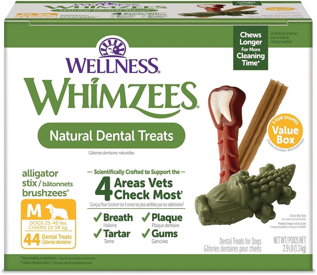 Wellness WHIMZEES Value Pack Dog Dental Treat, Chews, Freshens Breath, Medium Size, 46.6 oz Box, 44 Count (EXP 03/07/29)