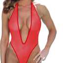 SHERRYLO Sheer One Piece Thong Swimsuit for Women Sexy Plunging See Thru Monokini High Cut Bodysuit Slutty Mesh Lingerie (Small-Medium, Red)
