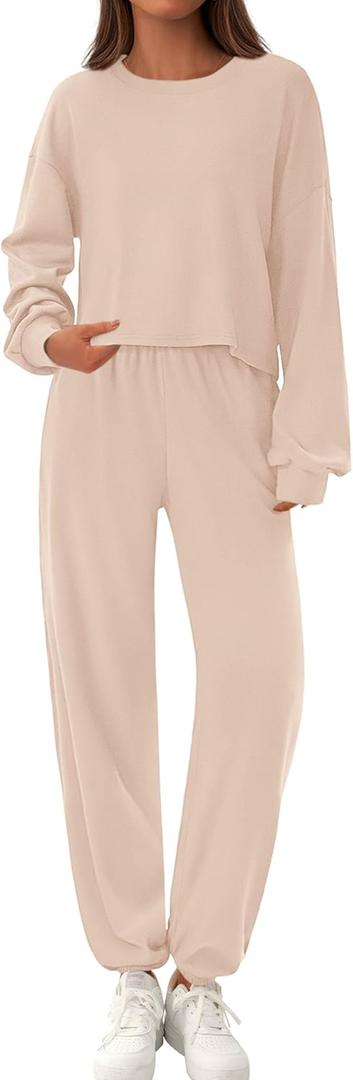 PRETTYGARDEN Women's Two Piece Lounge Sets 2025 Fall Airport Outfits Long Sleeve Pullover Tops Sweatpants Matching Clothing (XX-Large, Beige)