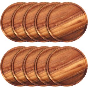 Rtteri 10 Pieces Acacia Round Wood Plates 12 x 0.6 Inch Dinner Plates Wooden Charger Platter Bulk Easy Cleaning Lightweight Serving Tray for Dishes Snack Dessert